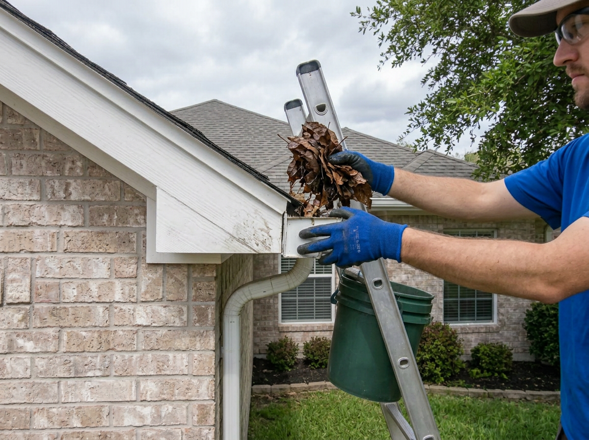 Gloved hands scooping leaves from a roof gutter