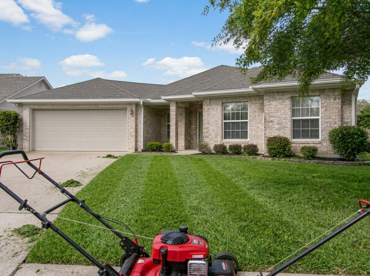 Mower cutting a green suburban lawn at golden hour