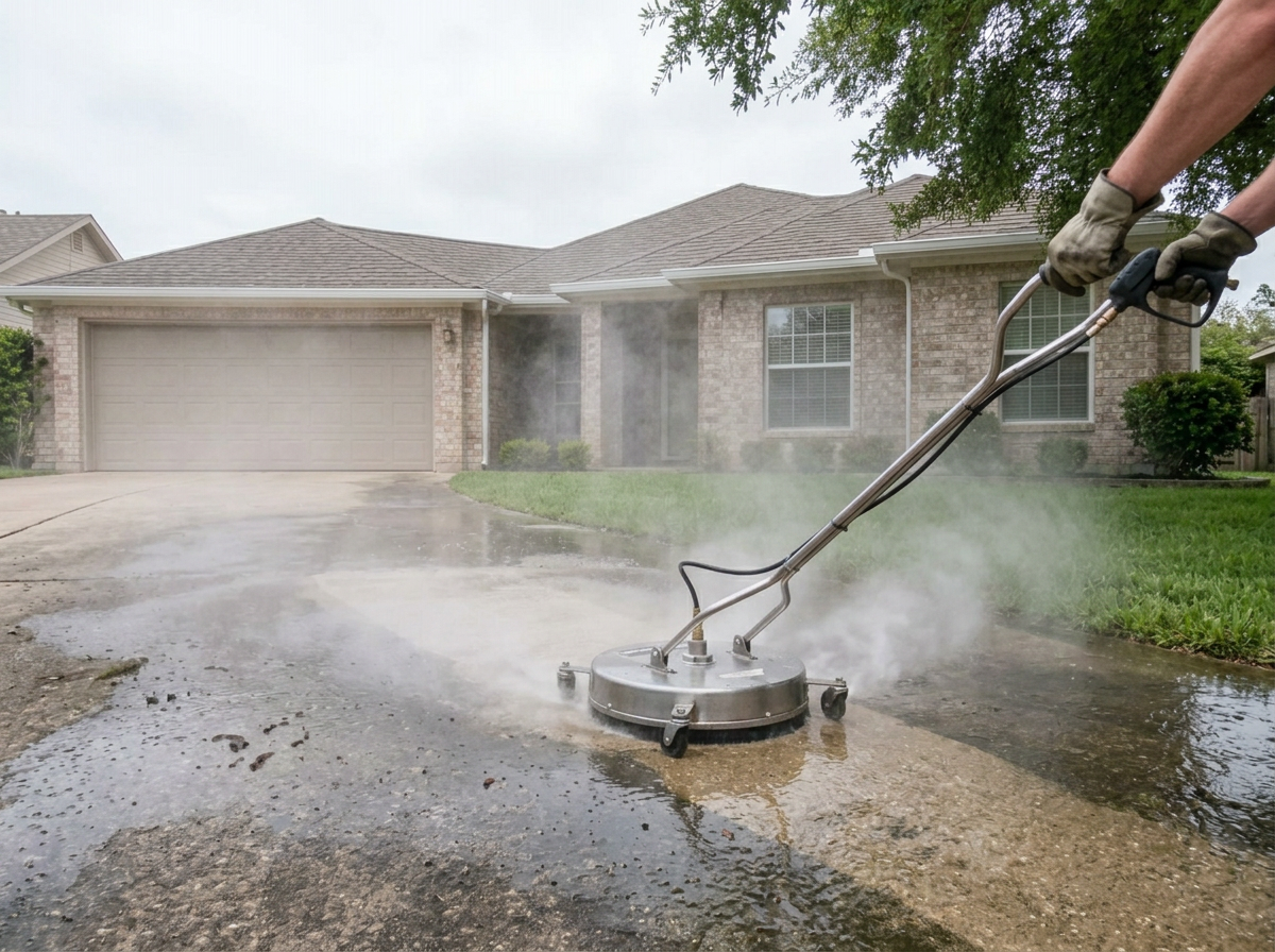 Pressure washer spraying a patio, dirty and clean halves visible